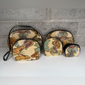 5pc Floral Tapestry Zip Pouch Set w/ Strap | Vintage-Style Cosmetic Travel Bags